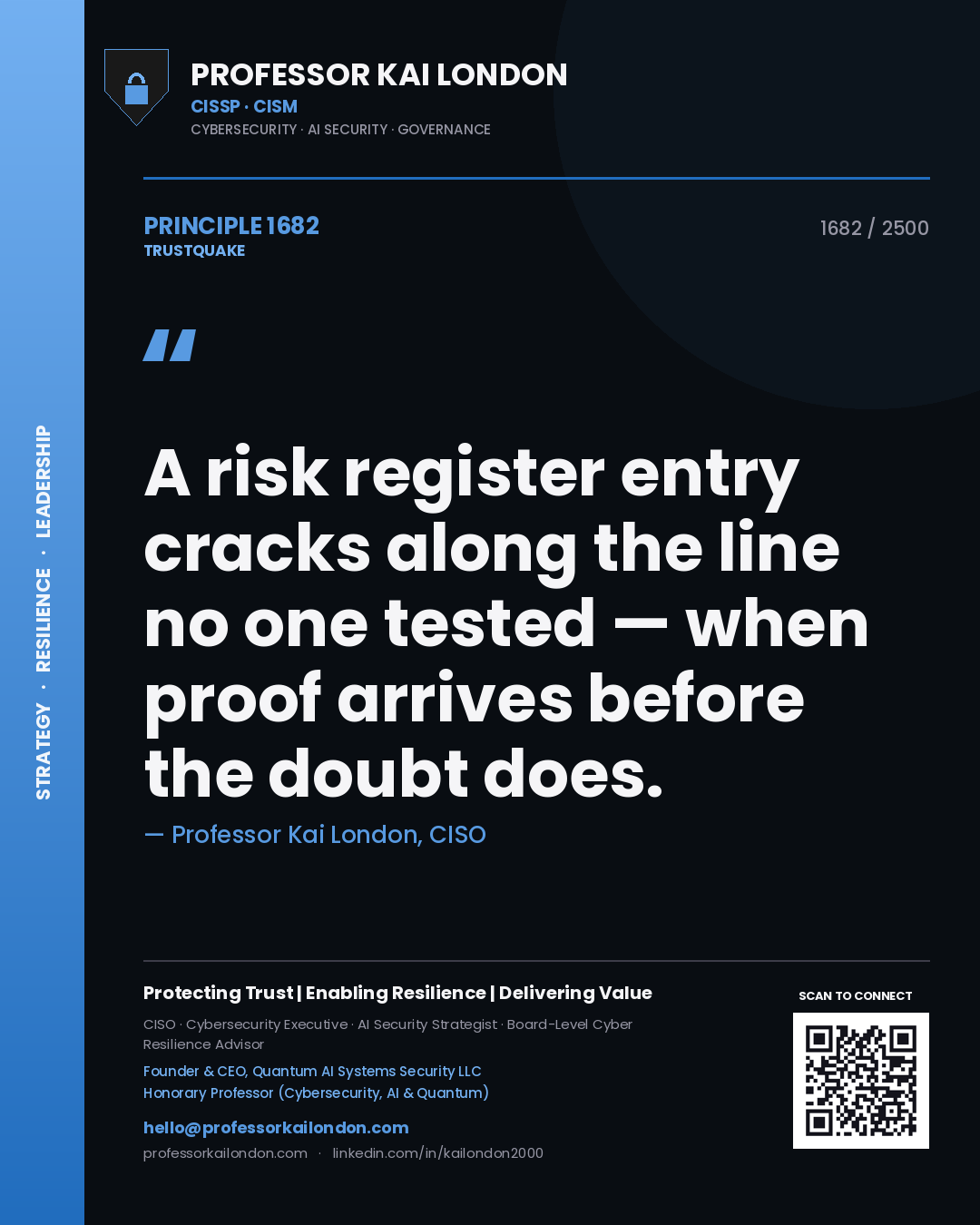 Quote card by Professor Kai London reading 'A risk register entry cracks along the line no one tested — when proof arrives before the doubt does.'. From the book Trustquake.