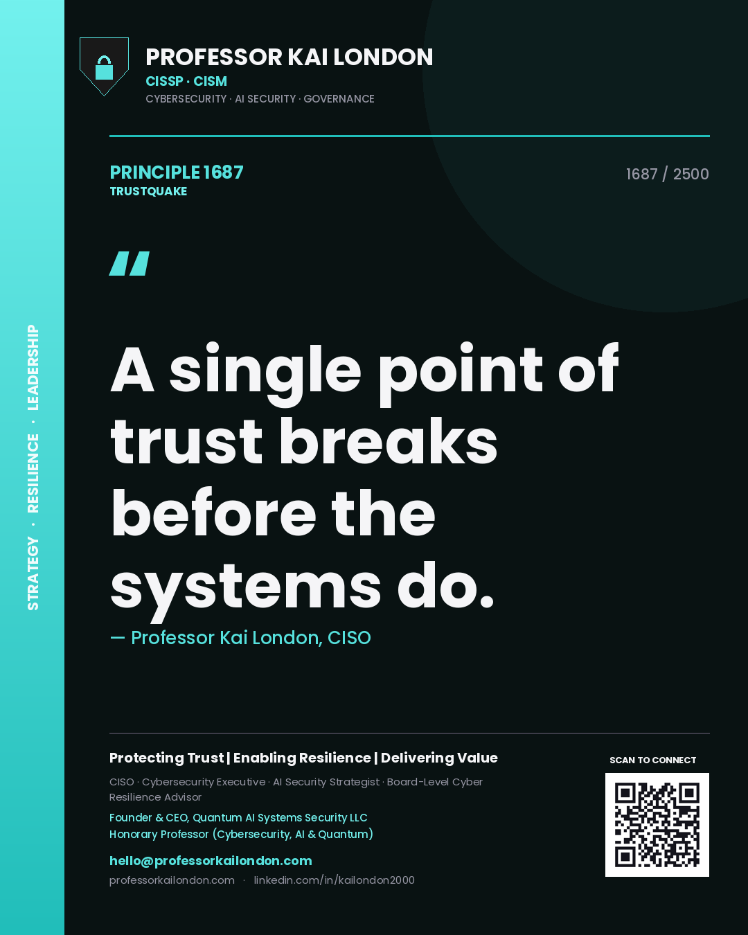 Quote card by Professor Kai London reading 'A single point of trust breaks before the systems do.'. From the book Trustquake.