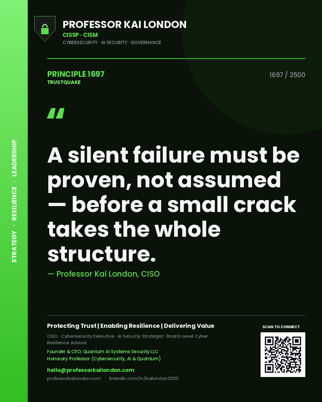 Quote card by Professor Kai London reading 'A silent failure must be proven, not assumed — before a small crack takes the whole structure.'. From the book Trustquake.