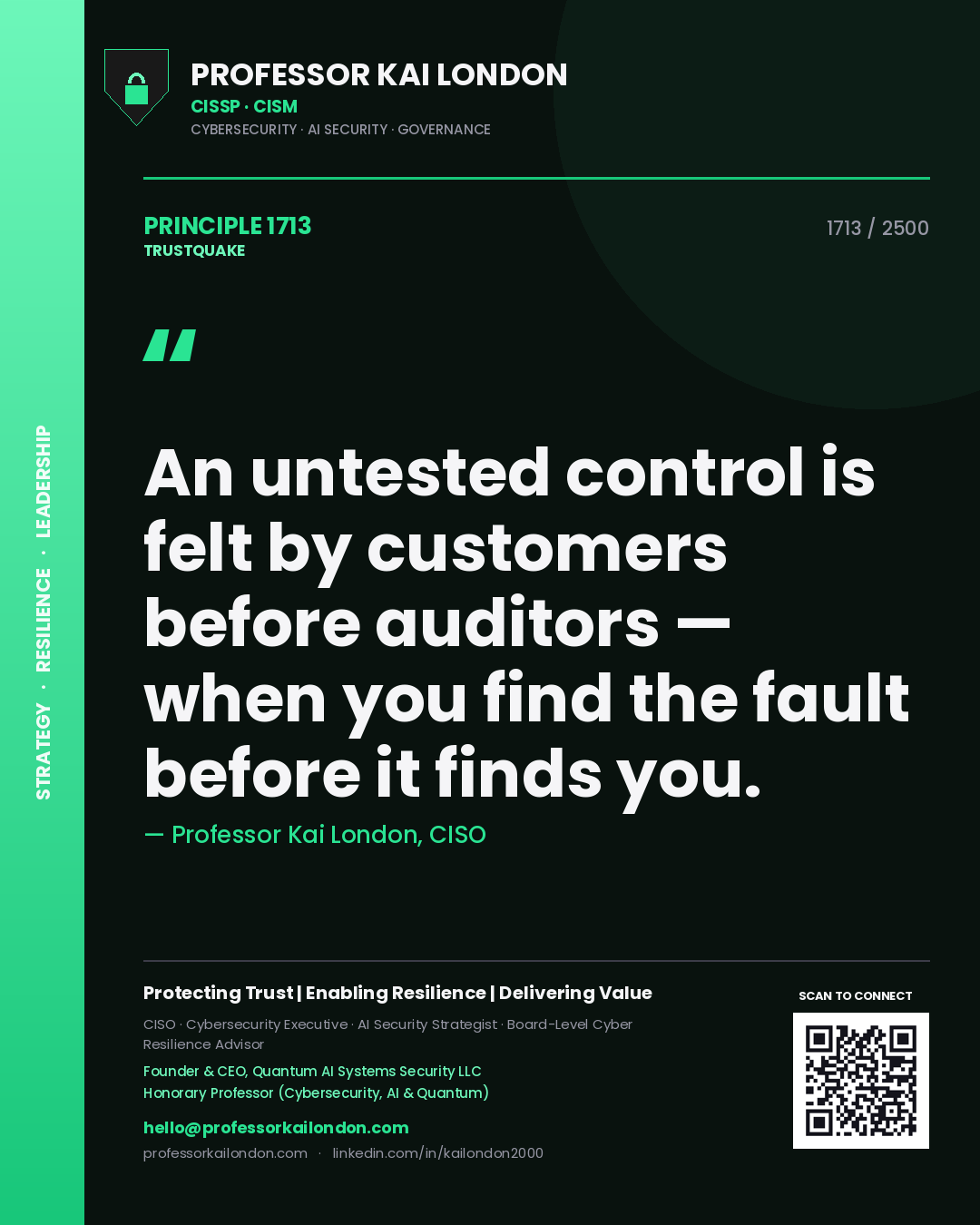 Quote card by Professor Kai London reading 'An untested control is felt by customers before auditors — when you find the fault before it finds you.'. From the book Trustquake.