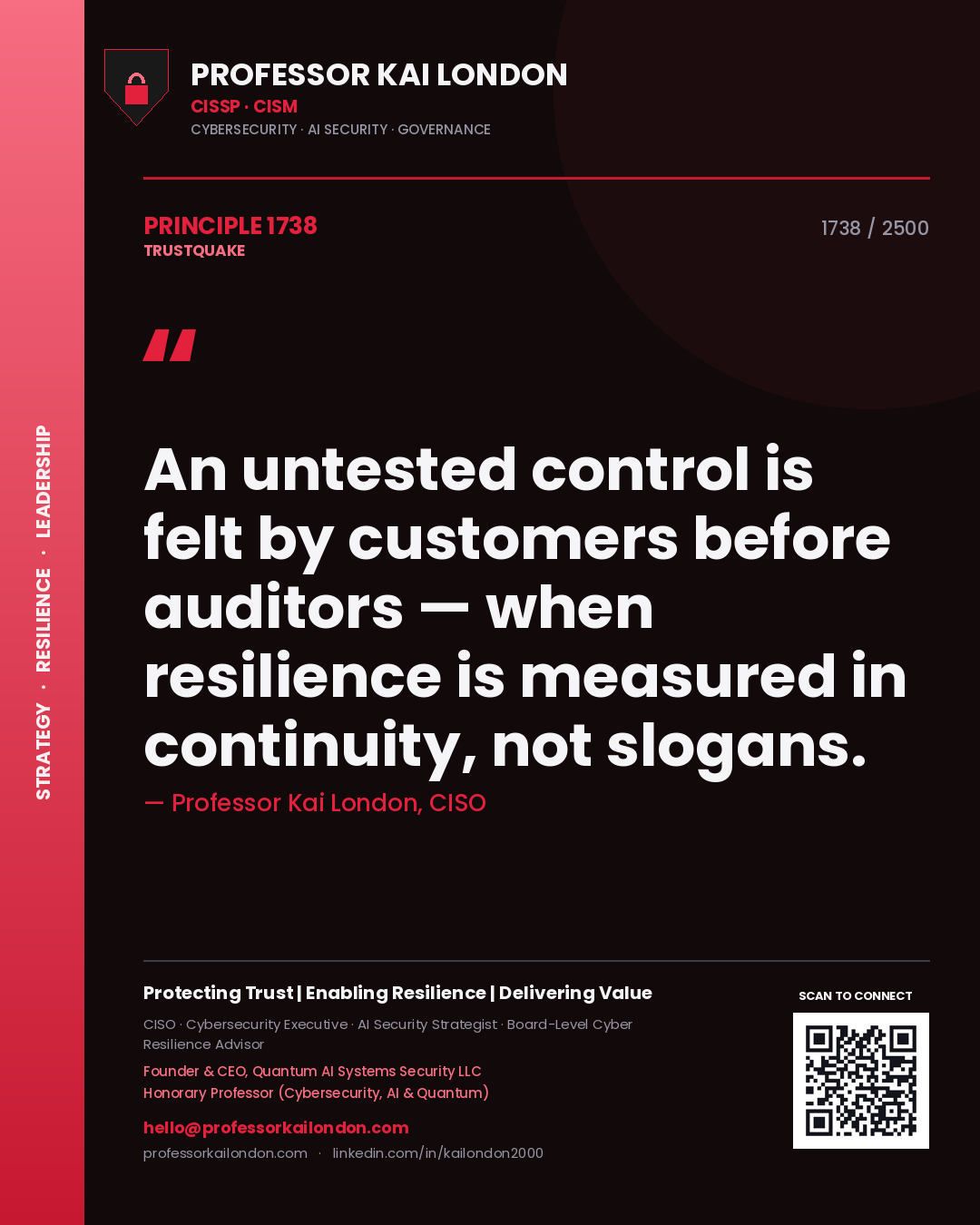 Professor Kai London principle 1738: An untested control is felt by customers before auditors — when resilience is measured in continuity, not slogans.