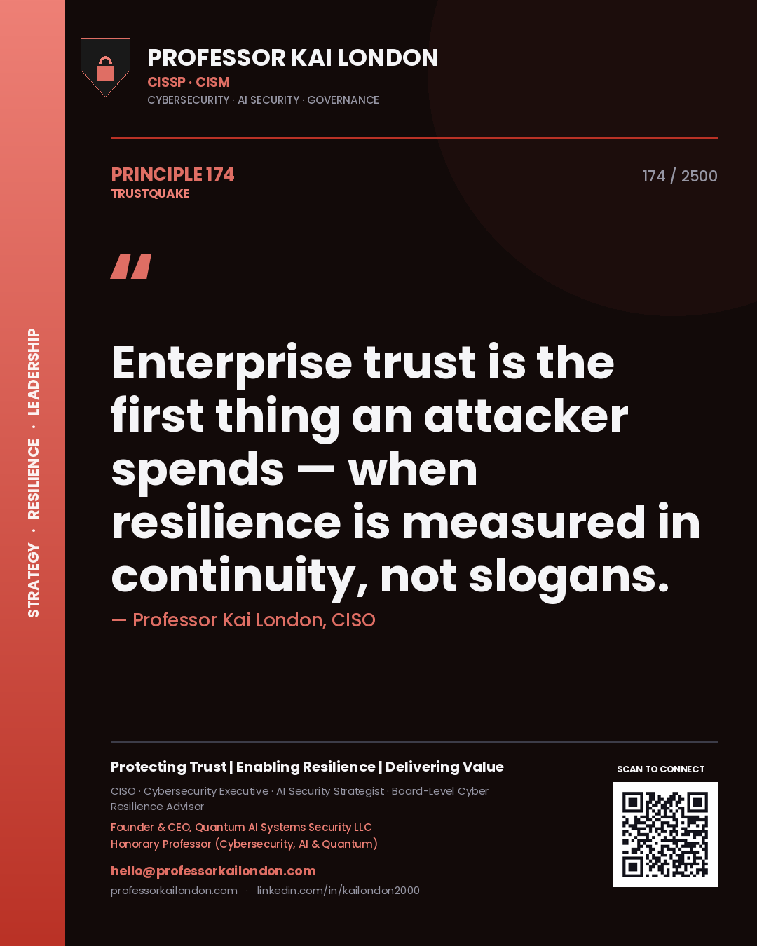 Professor Kai London principle 174: Enterprise trust is the first thing an attacker spends — when resilience is measured in continuity, not slogans.
