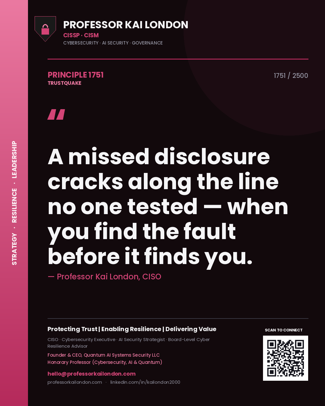 Quote card by Professor Kai London reading 'A missed disclosure cracks along the line no one tested — when you find the fault before it finds you.'. From the book Trustquake.
