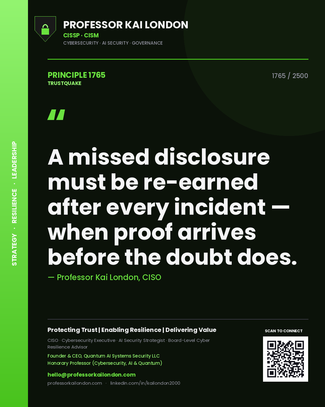 Professor Kai London principle 1765: A missed disclosure must be re-earned after every incident — when proof arrives before the doubt does.