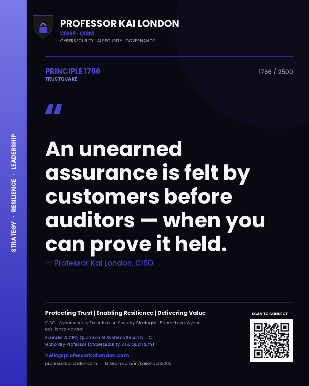 Professor Kai London principle 1766: An unearned assurance is felt by customers before auditors — when you can prove it held.