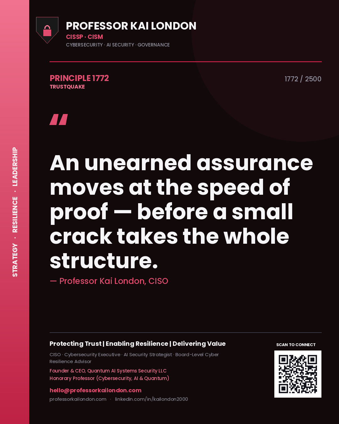 Quote card by Professor Kai London reading 'An unearned assurance moves at the speed of proof — before a small crack takes the whole structure.'. From the book Trustquake.