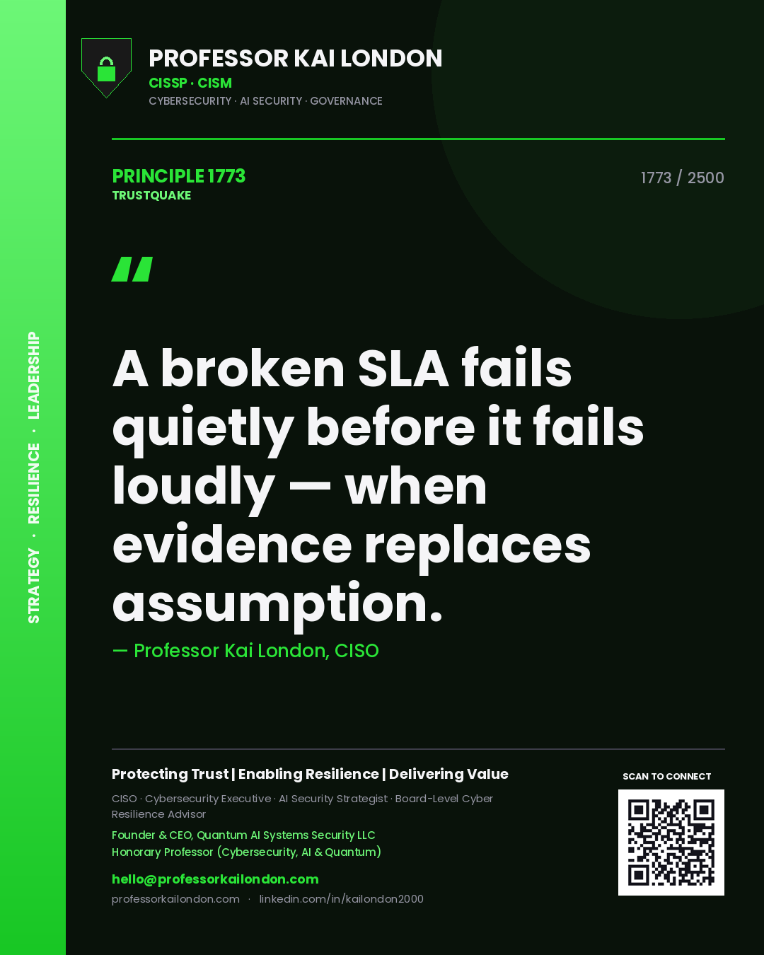 Quote card by Professor Kai London reading 'A broken SLA fails quietly before it fails loudly — when evidence replaces assumption.'. From the book Trustquake.