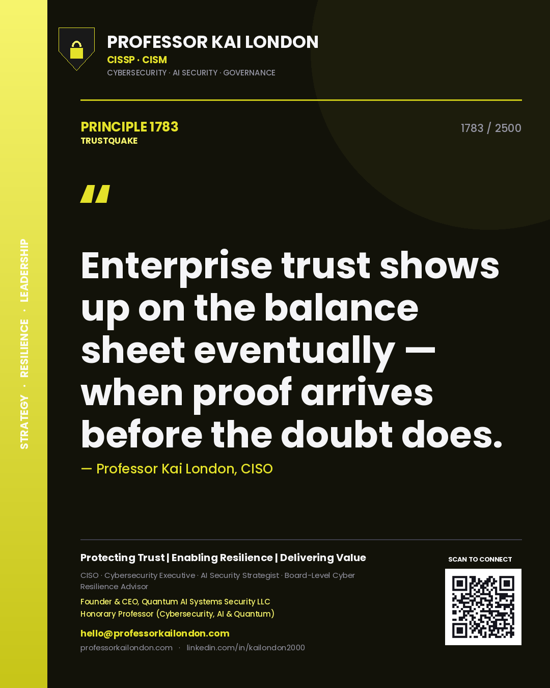 Quote card by Professor Kai London reading 'Enterprise trust shows up on the balance sheet eventually — when proof arrives before the doubt does.'. From the book Trustquake.