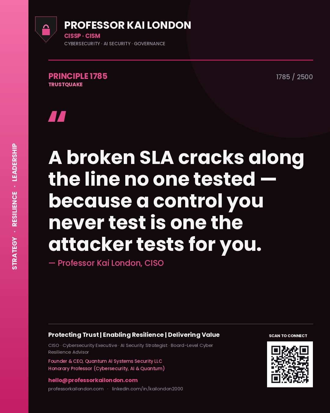 Professor Kai London principle 1785: A broken SLA cracks along the line no one tested — because a control you never test is one the attacker tests for you.