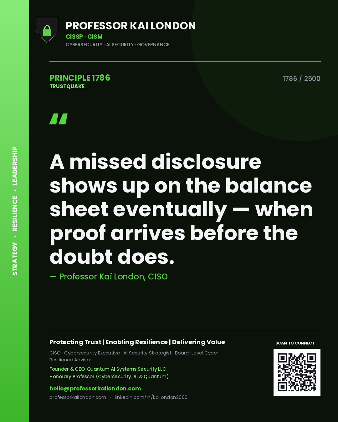 Quote card by Professor Kai London reading 'A missed disclosure shows up on the balance sheet eventually — when proof arrives before the doubt does.'. From the book Trustquake.