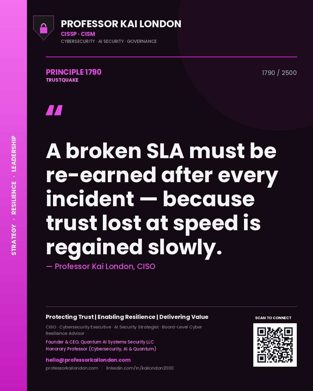 Professor Kai London principle 1790: A broken SLA must be re-earned after every incident — because trust lost at speed is regained slowly.