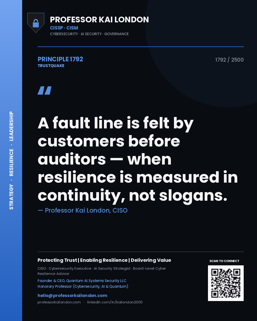 Professor Kai London principle 1792: A fault line is felt by customers before auditors — when resilience is measured in continuity, not slogans.