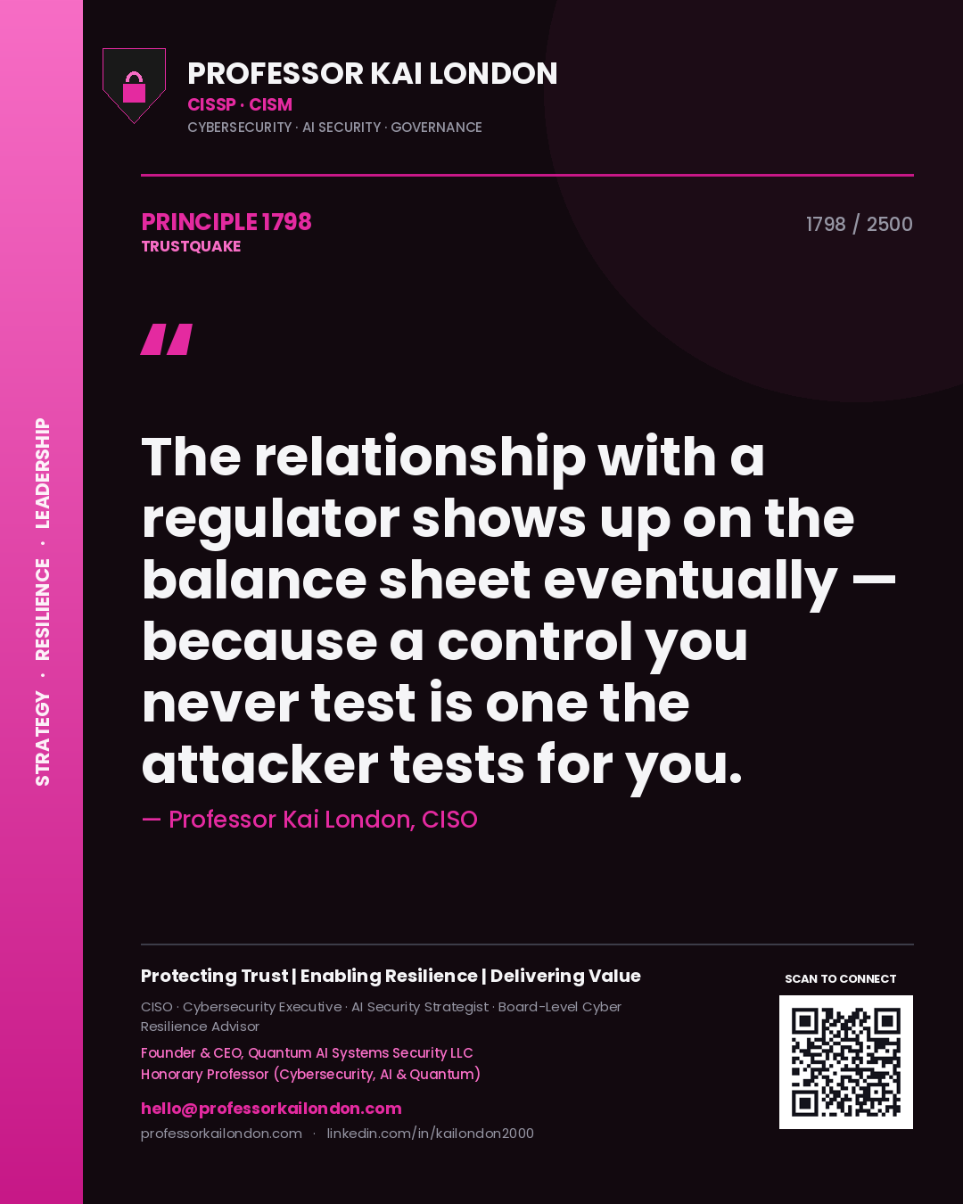 Professor Kai London principle 1798: The relationship with a regulator shows up on the balance sheet eventually — because a control you never test is one the attacker tests for you.