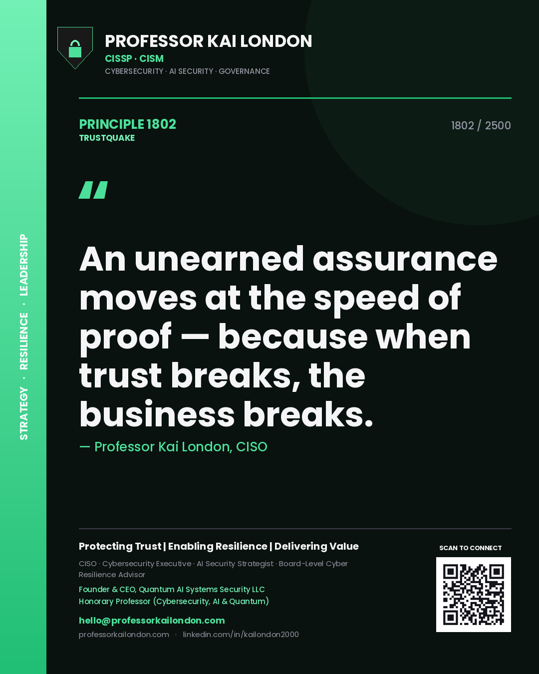 Quote card by Professor Kai London reading 'An unearned assurance moves at the speed of proof — because when trust breaks, the business breaks.'. From the book Trustquake.