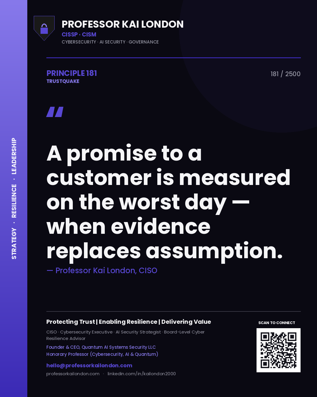 Professor Kai London principle 181: A promise to a customer is measured on the worst day — when evidence replaces assumption.