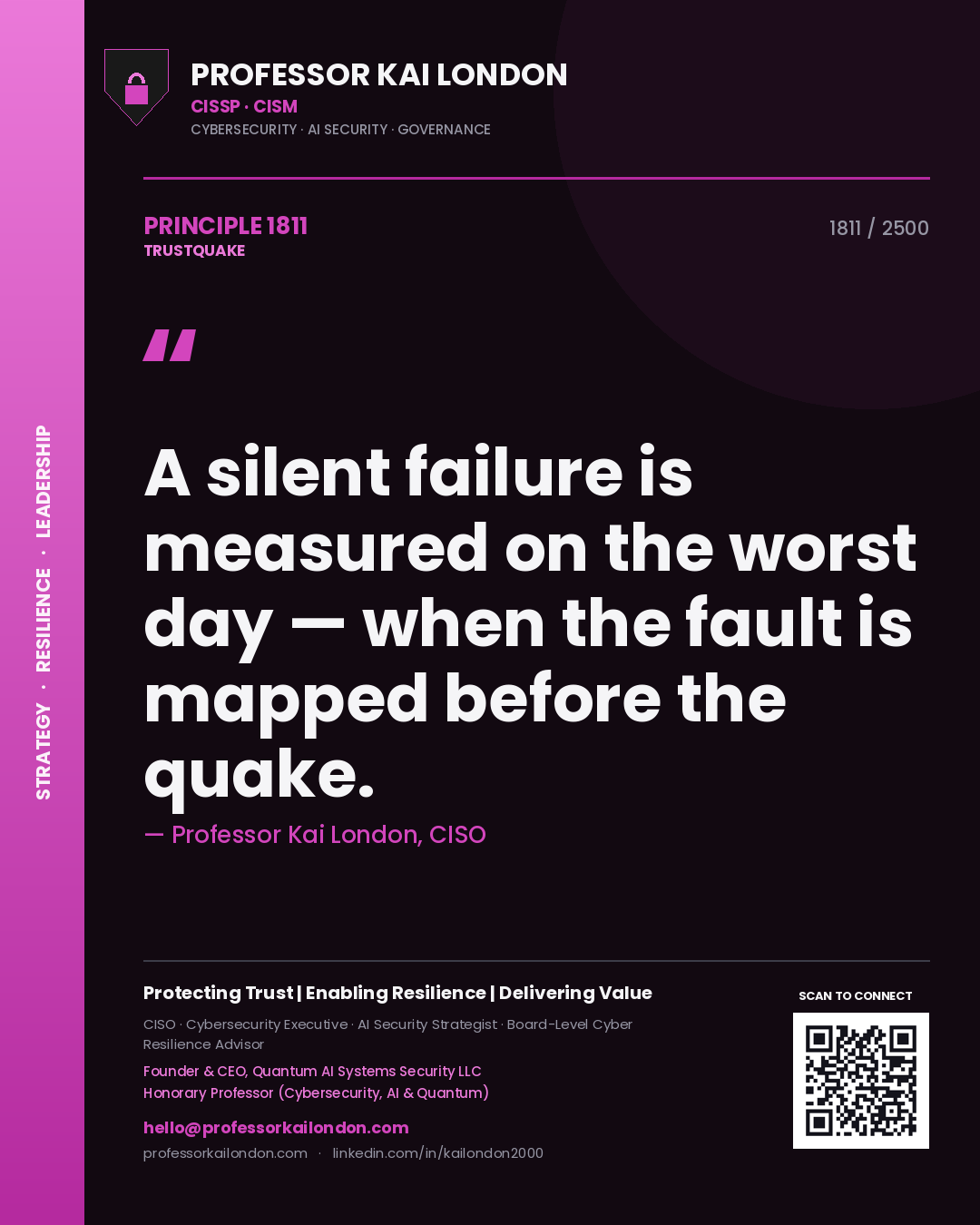 Quote card by Professor Kai London reading 'A silent failure is measured on the worst day — when the fault is mapped before the quake.'. From the book Trustquake.