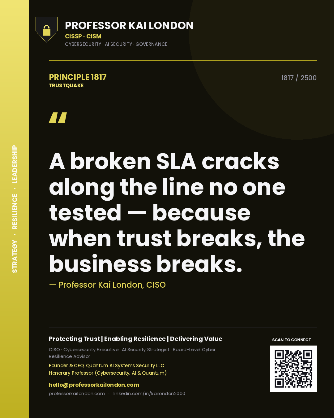 Quote card by Professor Kai London reading 'A broken SLA cracks along the line no one tested — because when trust breaks, the business breaks.'. From the book Trustquake.