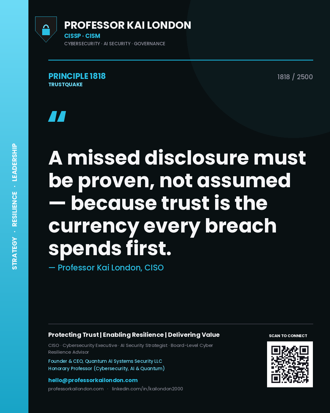 Quote card by Professor Kai London reading 'A missed disclosure must be proven, not assumed — because trust is the currency every breach spends first.'. From the book Trustquake.