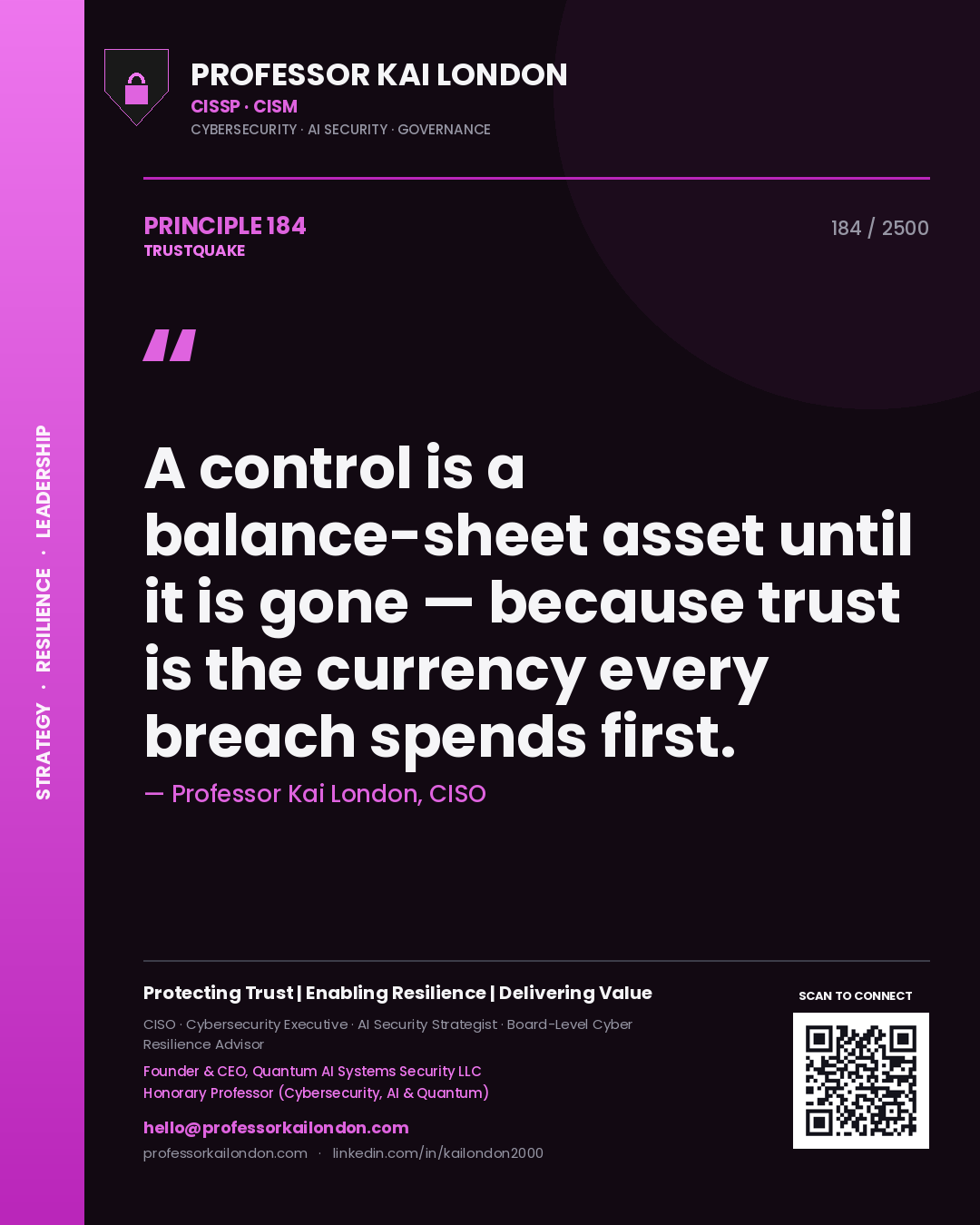 Professor Kai London principle 184: A control is a balance-sheet asset until it is gone — because trust is the currency every breach spends first.