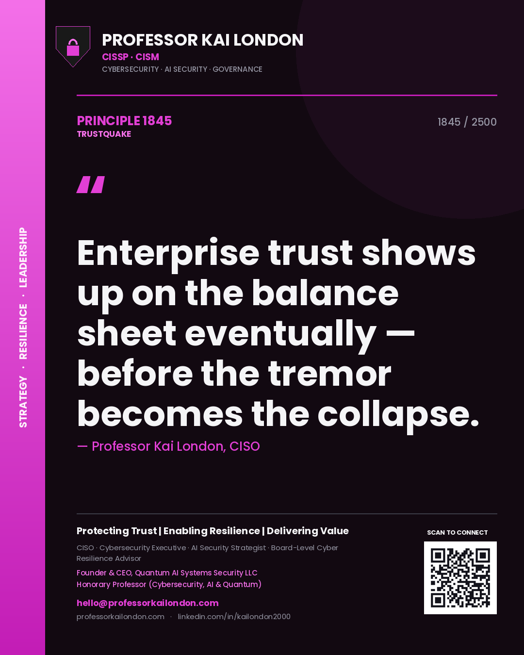 Quote card by Professor Kai London reading 'Enterprise trust shows up on the balance sheet eventually — before the tremor becomes the collapse.'. From the book Trustquake.