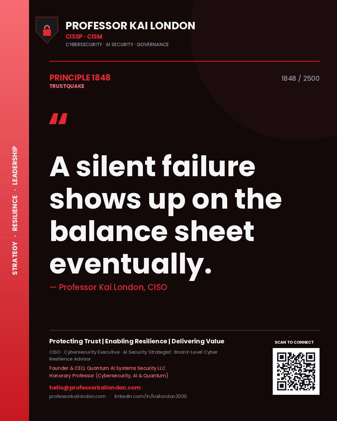 Quote card by Professor Kai London reading 'A silent failure shows up on the balance sheet eventually.'. From the book Trustquake.