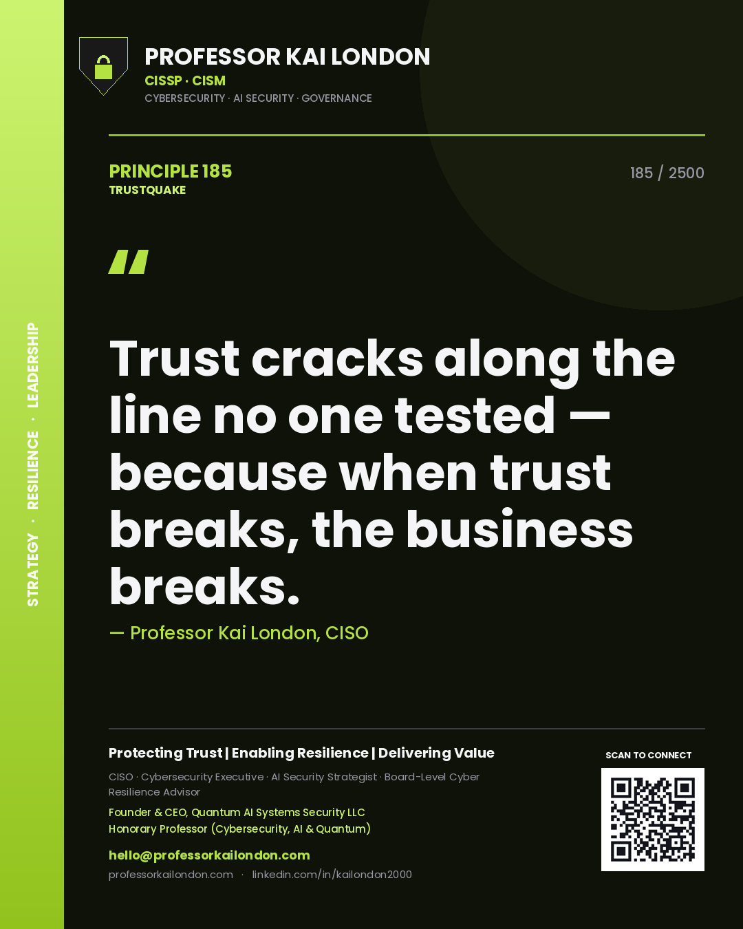 Professor Kai London principle 185: Trust cracks along the line no one tested — because when trust breaks, the business breaks.