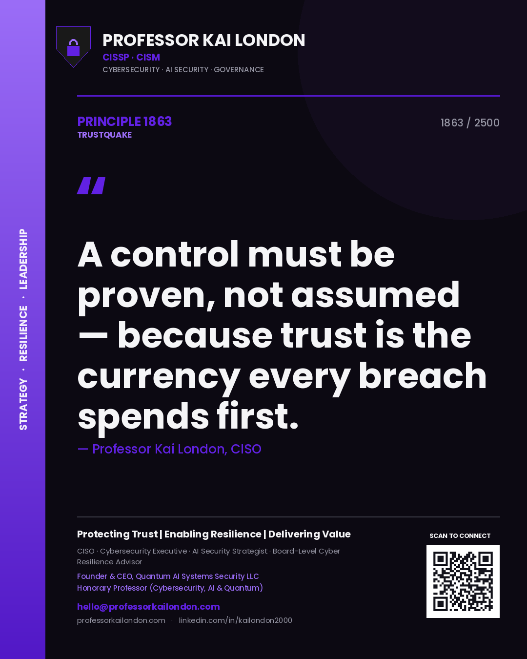 Quote card by Professor Kai London reading 'A control must be proven, not assumed — because trust is the currency every breach spends first.'. From the book Trustquake.