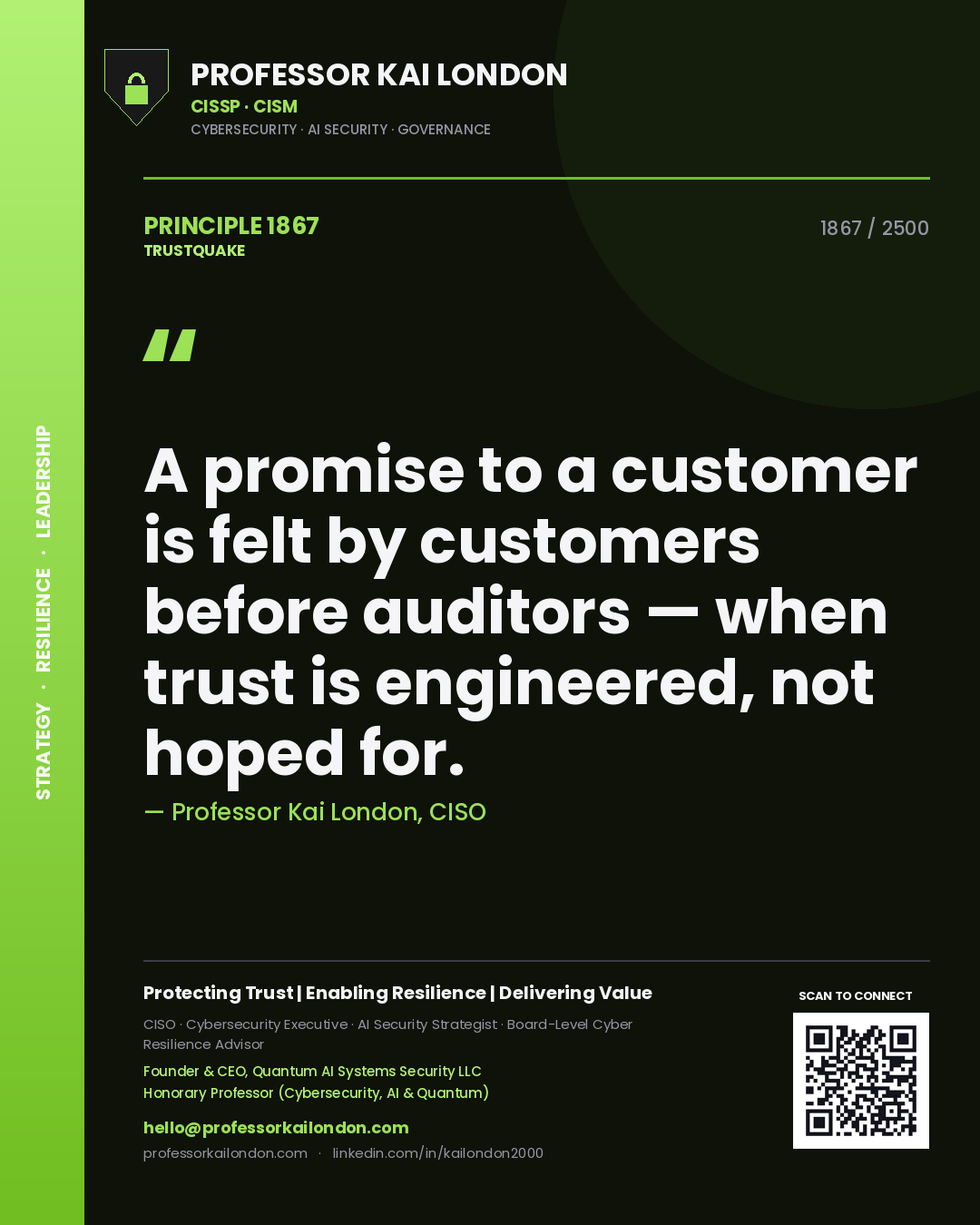 Professor Kai London principle 1867: A promise to a customer is felt by customers before auditors — when trust is engineered, not hoped for.