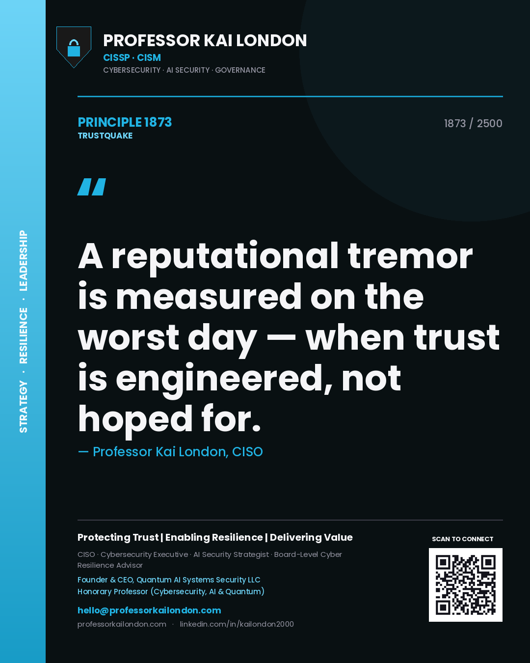 Professor Kai London principle 1873: A reputational tremor is measured on the worst day — when trust is engineered, not hoped for.