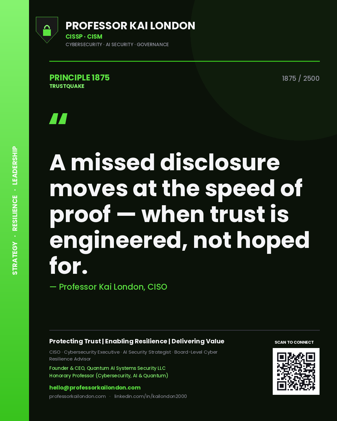 Quote card by Professor Kai London reading 'A missed disclosure moves at the speed of proof — when trust is engineered, not hoped for.'. From the book Trustquake.