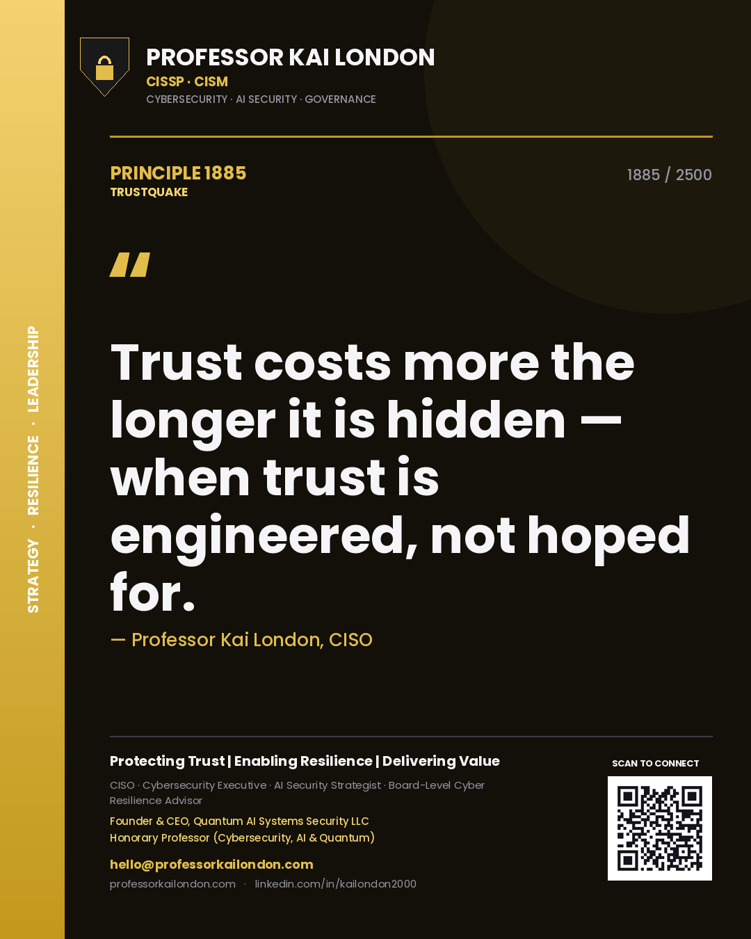 Quote card by Professor Kai London reading 'Trust costs more the longer it is hidden — when trust is engineered, not hoped for.'. From the book Trustquake.