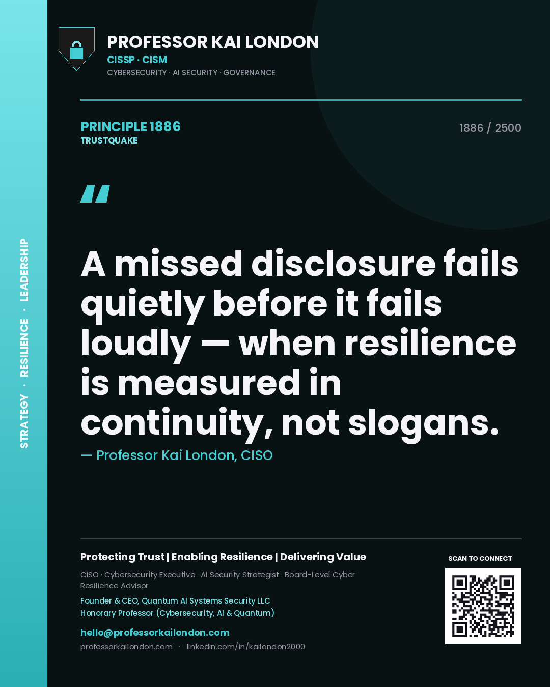 Quote card by Professor Kai London reading 'A missed disclosure fails quietly before it fails loudly — when resilience is measured in continuity, not slogans.'. From the book Trustquake.