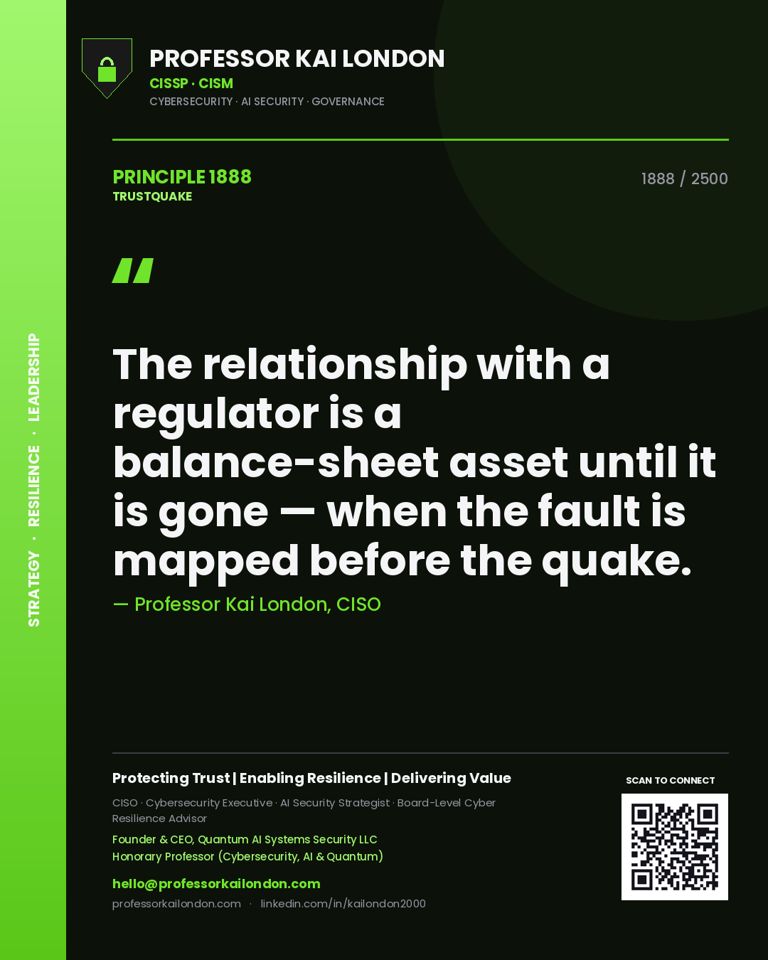 Quote card by Professor Kai London reading 'The relationship with a regulator is a balance-sheet asset until it is gone — when the fault is mapped before the quake.'. From the book Trustquake.