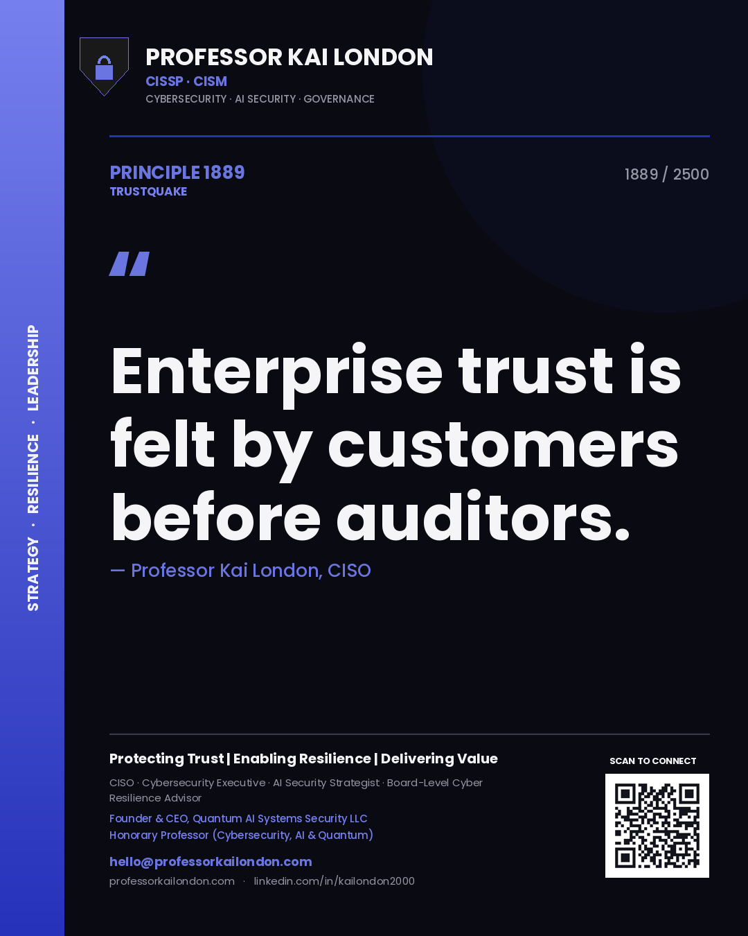 Quote card by Professor Kai London reading 'Enterprise trust is felt by customers before auditors.'. From the book Trustquake.