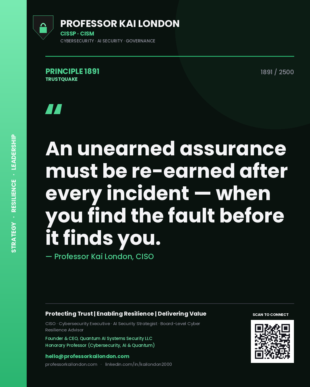 Quote card by Professor Kai London reading 'An unearned assurance must be re-earned after every incident — when you find the fault before it finds you.'. From the book Trustquake.