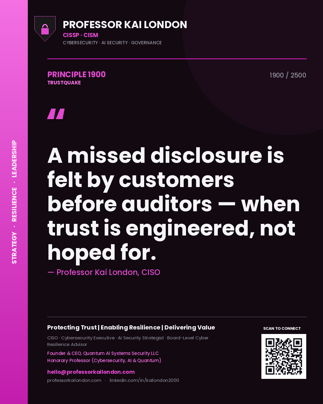 Quote card by Professor Kai London reading 'A missed disclosure is felt by customers before auditors — when trust is engineered, not hoped for.'. From the book Trustquake.