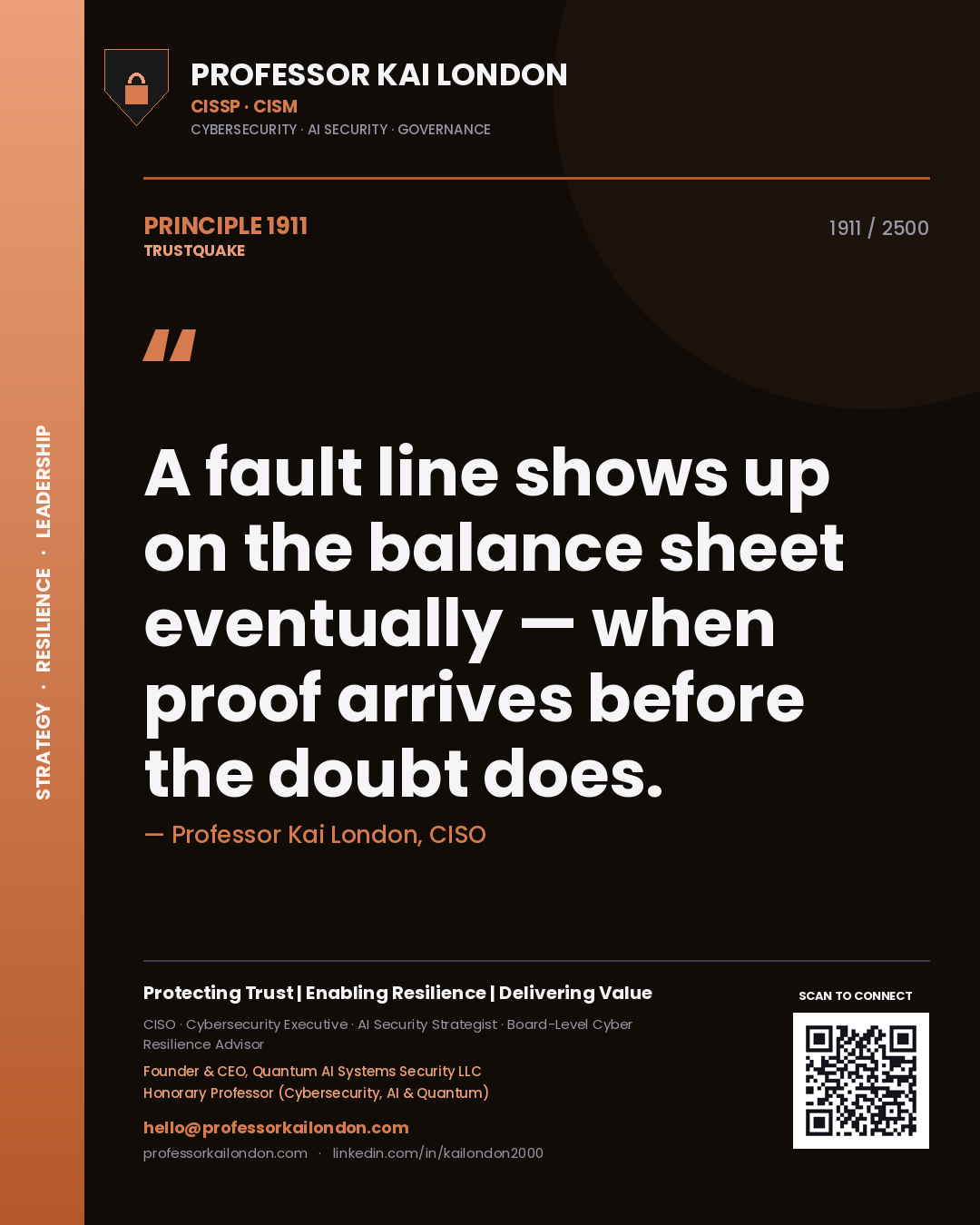 Quote card by Professor Kai London reading 'A fault line shows up on the balance sheet eventually — when proof arrives before the doubt does.'. From the book Trustquake.