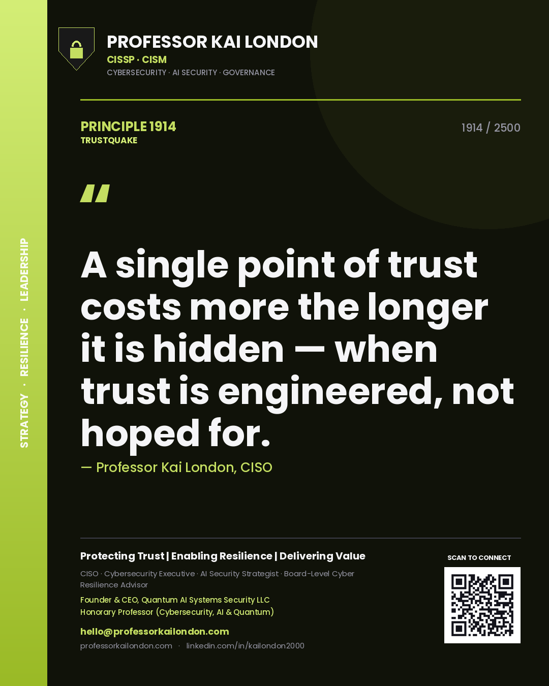 Quote card by Professor Kai London reading 'A single point of trust costs more the longer it is hidden — when trust is engineered, not hoped for.'. From the book Trustquake.