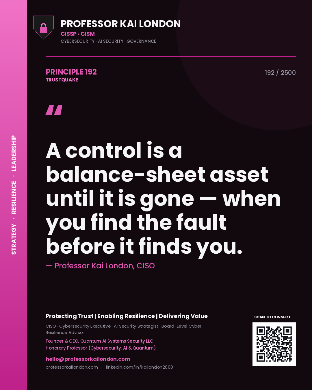 Professor Kai London principle 192: A control is a balance-sheet asset until it is gone — when you find the fault before it finds you.