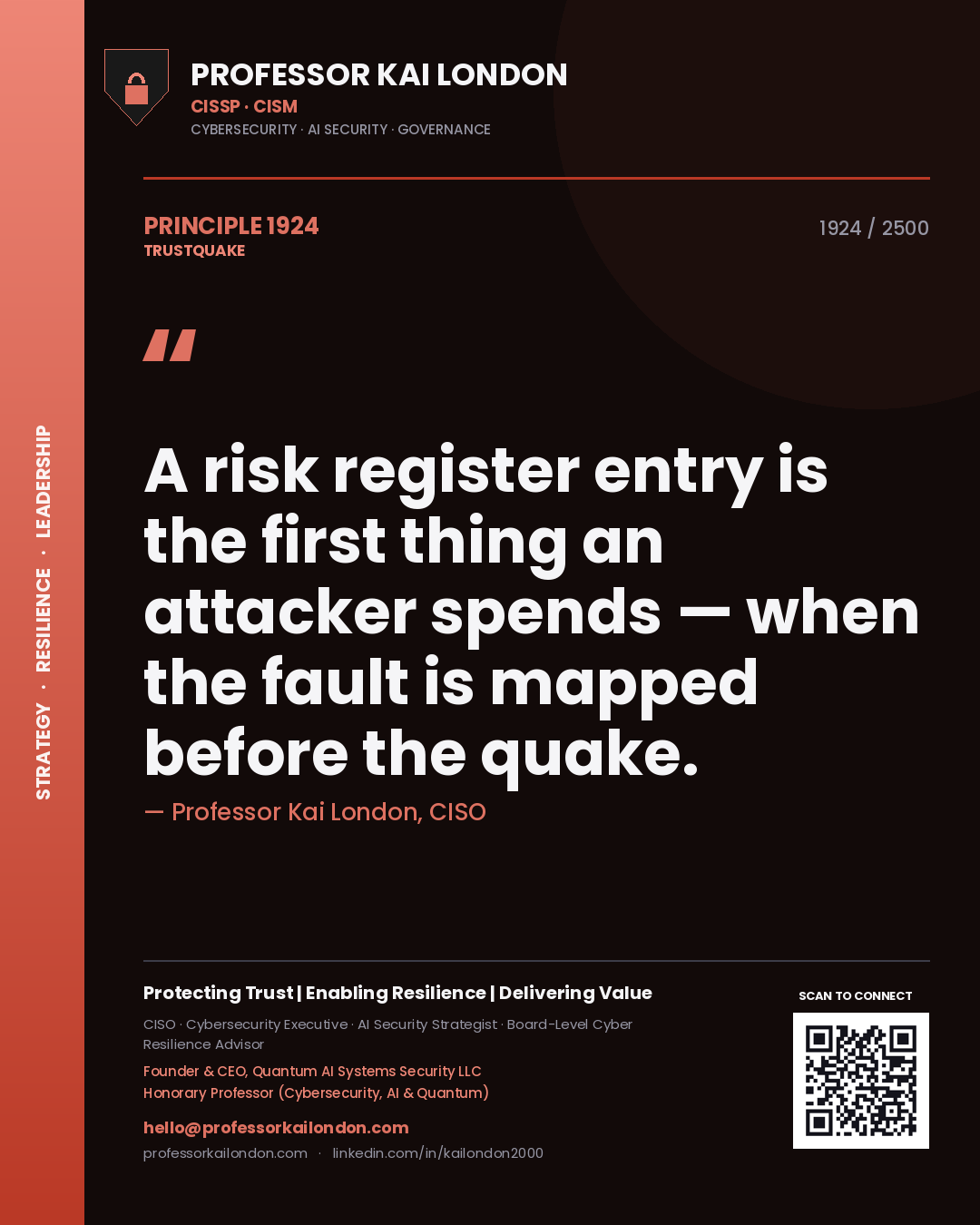 Quote card by Professor Kai London reading 'A risk register entry is the first thing an attacker spends — when the fault is mapped before the quake.'. From the book Trustquake.