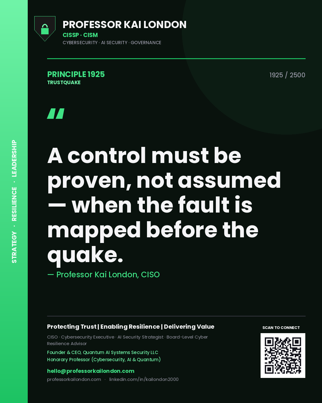 Quote card by Professor Kai London reading 'A control must be proven, not assumed — when the fault is mapped before the quake.'. From the book Trustquake.