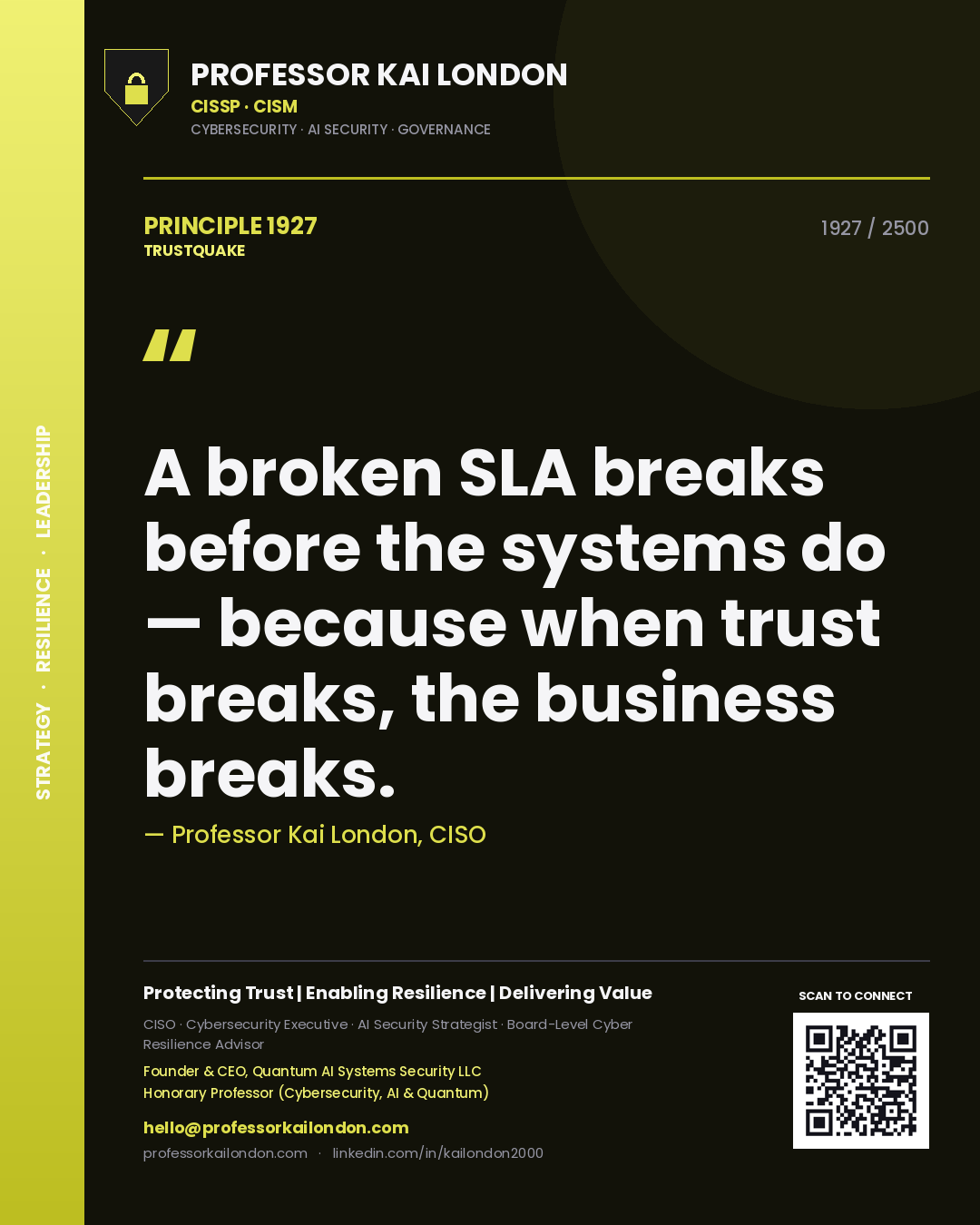 Quote card by Professor Kai London reading 'A broken SLA breaks before the systems do — because when trust breaks, the business breaks.'. From the book Trustquake.