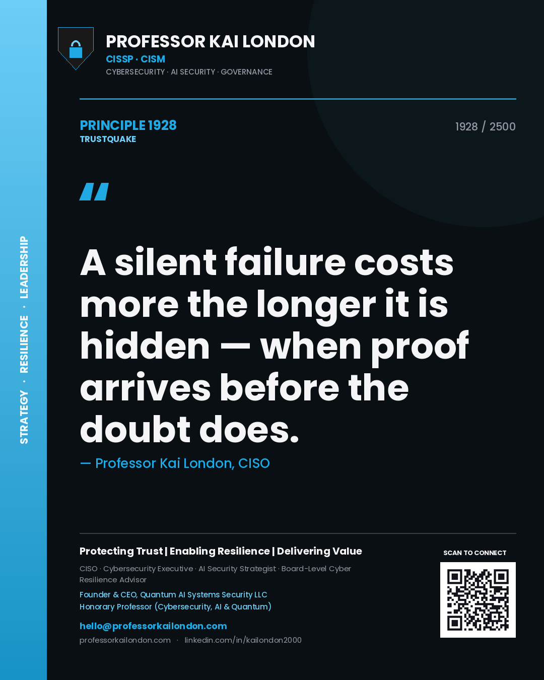 Quote card by Professor Kai London reading 'A silent failure costs more the longer it is hidden — when proof arrives before the doubt does.'. From the book Trustquake.