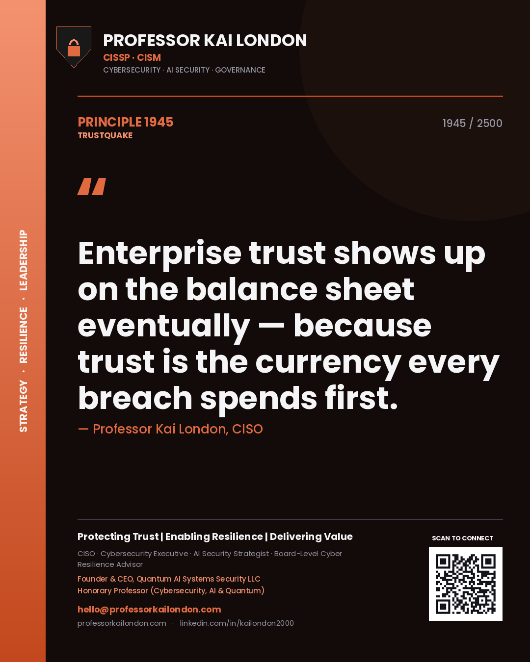 Quote card by Professor Kai London reading 'Enterprise trust shows up on the balance sheet eventually — because trust is the currency every breach spends first.'. From the book Trustquake.