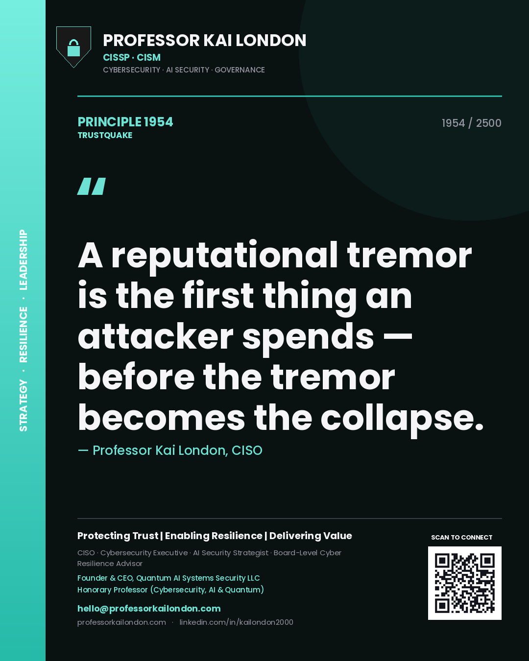Quote card by Professor Kai London reading 'A reputational tremor is the first thing an attacker spends — before the tremor becomes the collapse.'. From the book Trustquake.