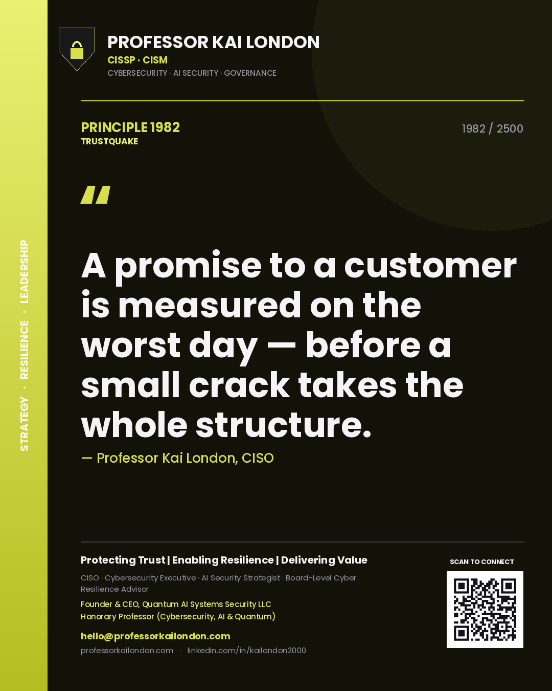 Quote card by Professor Kai London reading 'A promise to a customer is measured on the worst day — before a small crack takes the whole structure.'. From the book Trustquake.