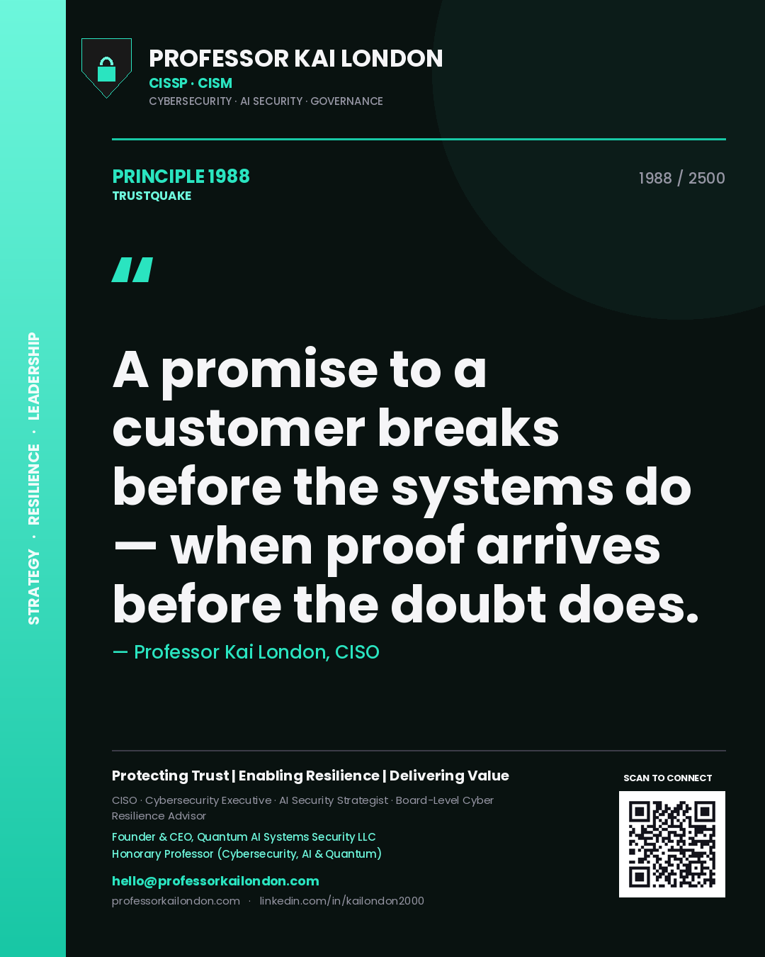 Quote card by Professor Kai London reading 'A promise to a customer breaks before the systems do — when proof arrives before the doubt does.'. From the book Trustquake.