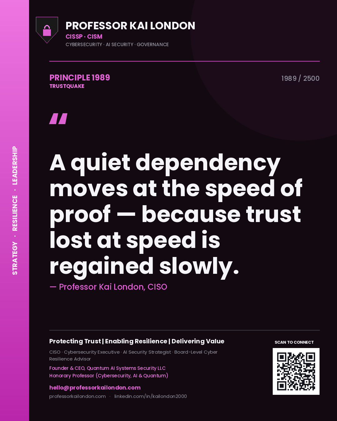 Professor Kai London principle 1989: A quiet dependency moves at the speed of proof — because trust lost at speed is regained slowly.