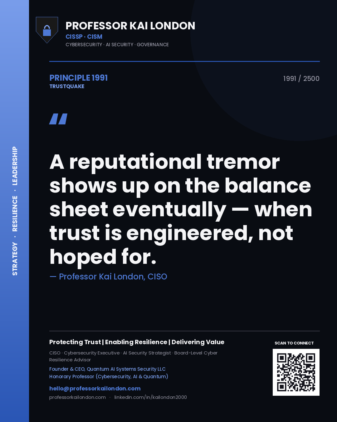 Quote card by Professor Kai London reading 'A reputational tremor shows up on the balance sheet eventually — when trust is engineered, not hoped for.'. From the book Trustquake.