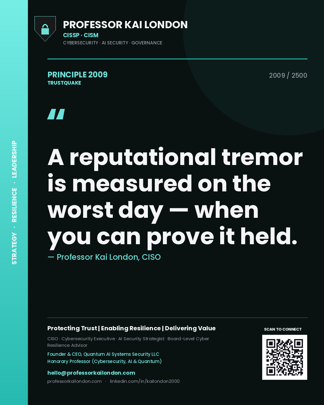 Quote card by Professor Kai London reading 'A reputational tremor is measured on the worst day — when you can prove it held.'. From the book Trustquake.